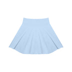 Anointed Garments light blue high-waisted pleated knit mini skirt with a wide waistband and flared silhouette.