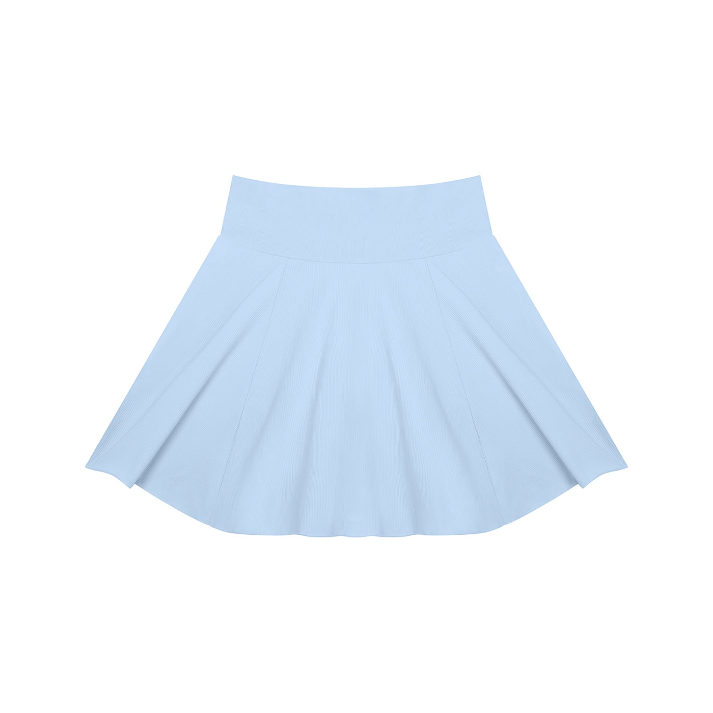 Anointed Garments light blue high-waisted pleated knit mini skirt with a wide waistband and flared silhouette.