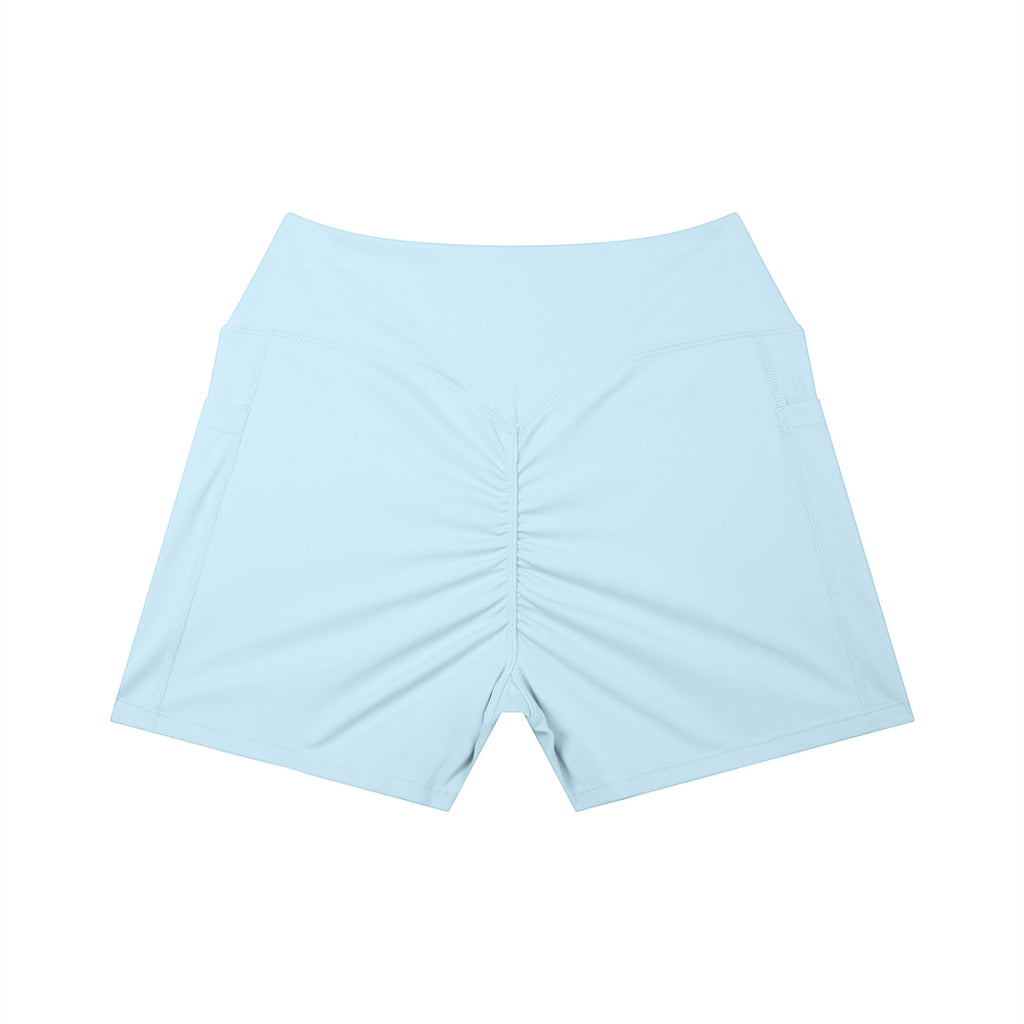 Anointed Garments light blue high-waisted athletic shorts with a ruched back and side pockets for a sculpted fit.