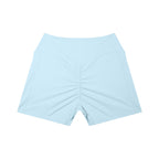 Anointed Garments light blue high-waisted athletic shorts with a ruched back and side pockets for a sculpted fit.
