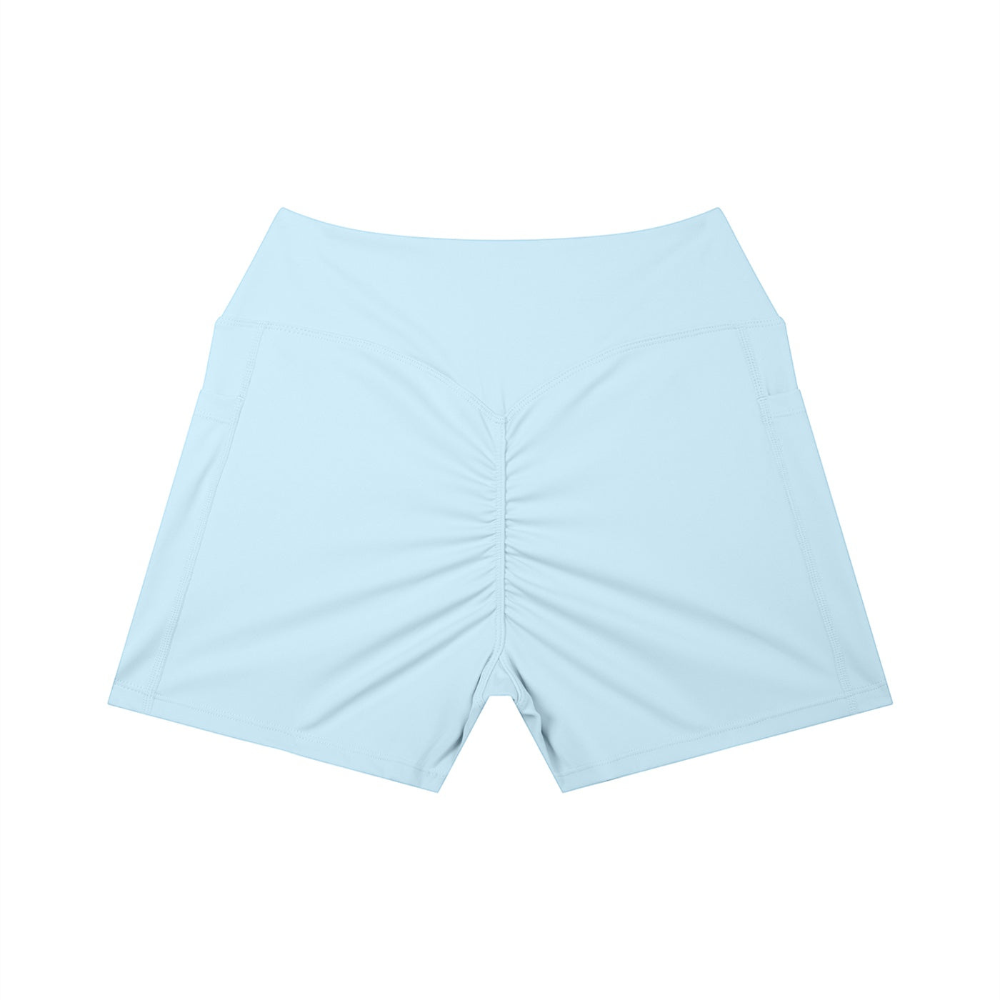 Anointed Garments light blue high-waisted athletic shorts with a ruched back and side pockets for a sculpted fit.
