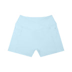 Anointed Garments light blue high-rise yoga shorts with side pockets and a flattering crossover waistband design.