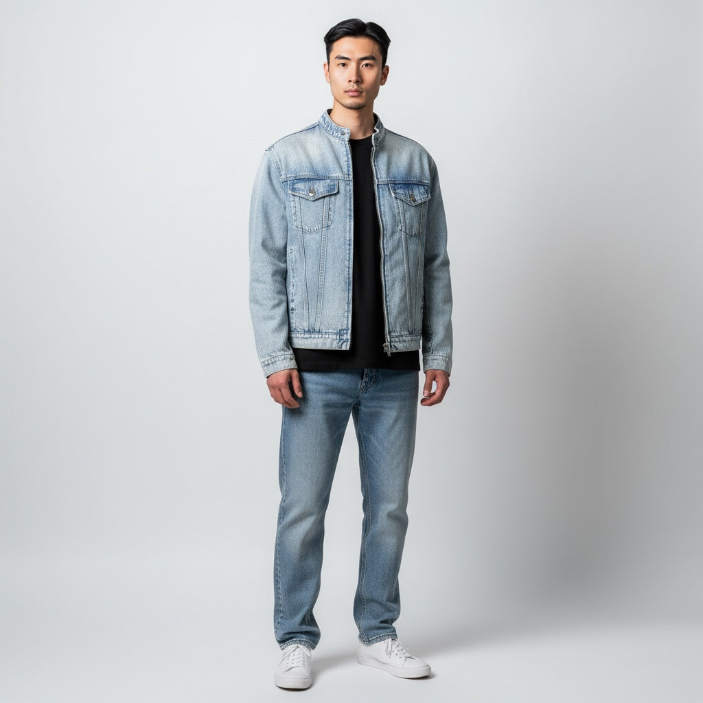 A man wearing an Anointed Garments light-wash denim jacket with a mandarin collar and full-zip front over a black tee.