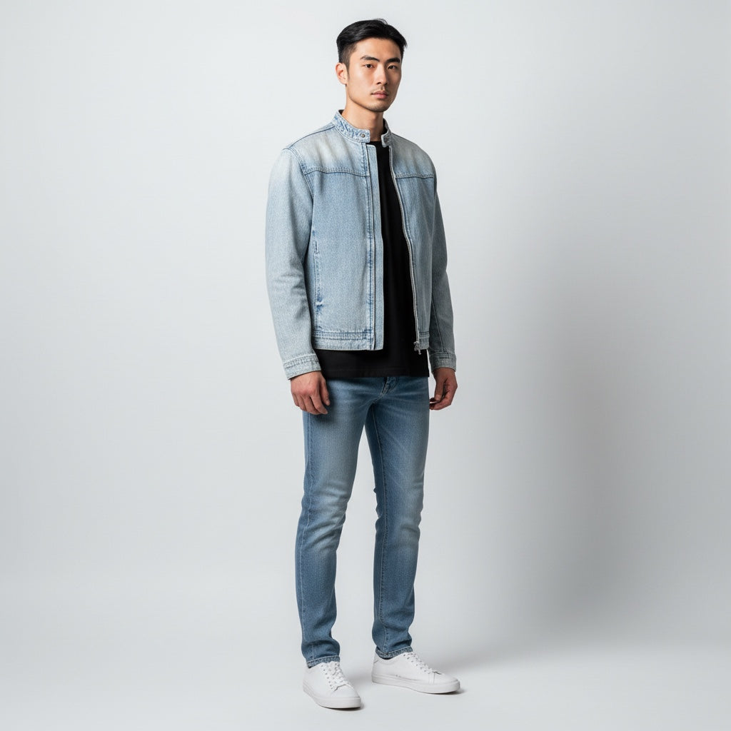Model wearing an Anointed Garments light-wash denim jacket with a mandarin collar and full-zip front over a black tee.