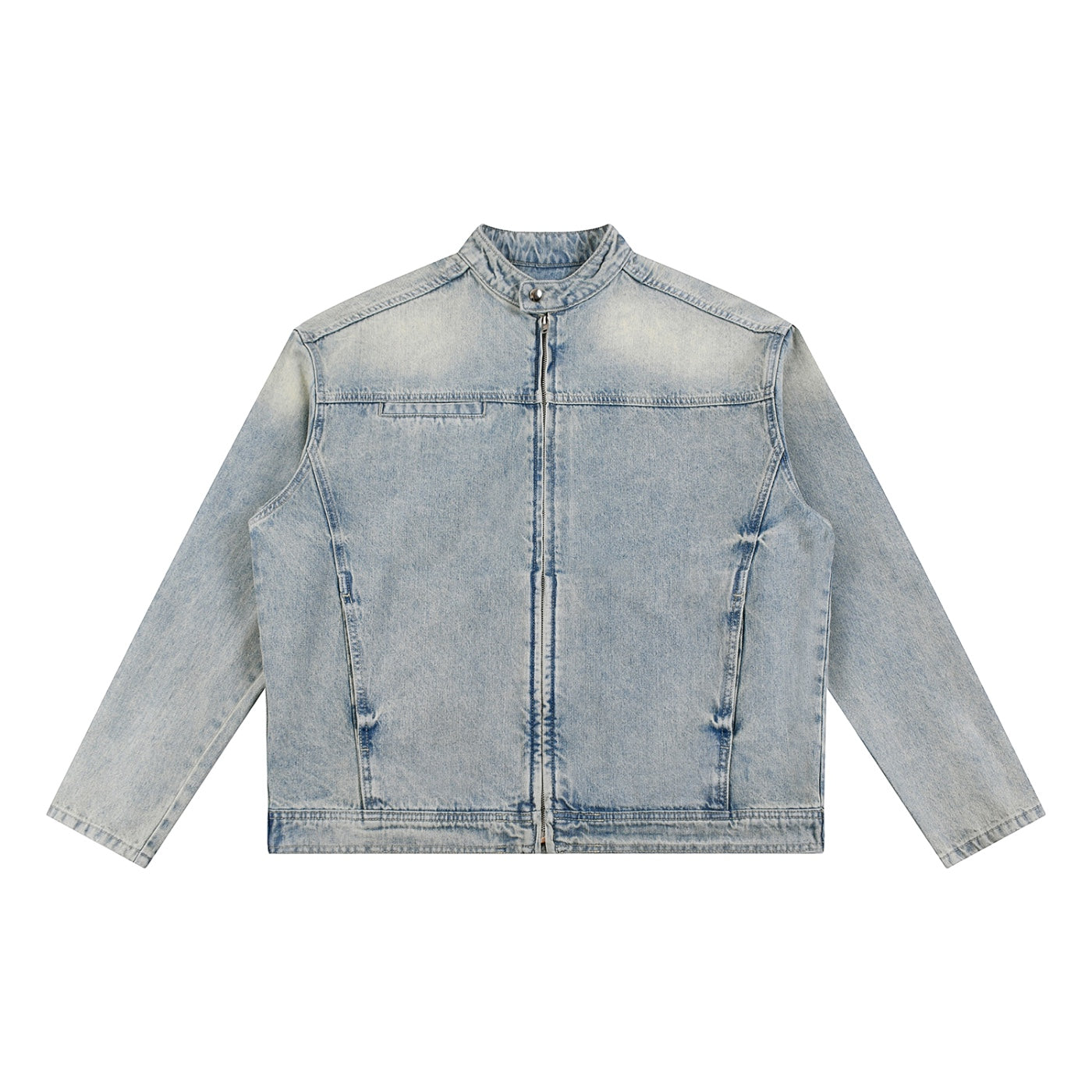 Anointed Garments light-wash denim jacket with a mandarin collar, full-zip front, and structured cotton construction.