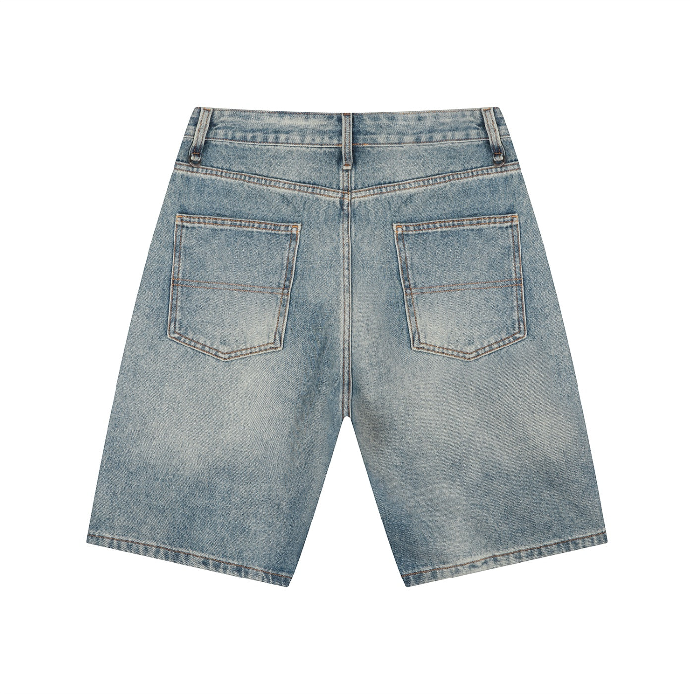 Back view of Anointed Garments light-wash denim shorts with two back pockets and a mid-length loose fit.
