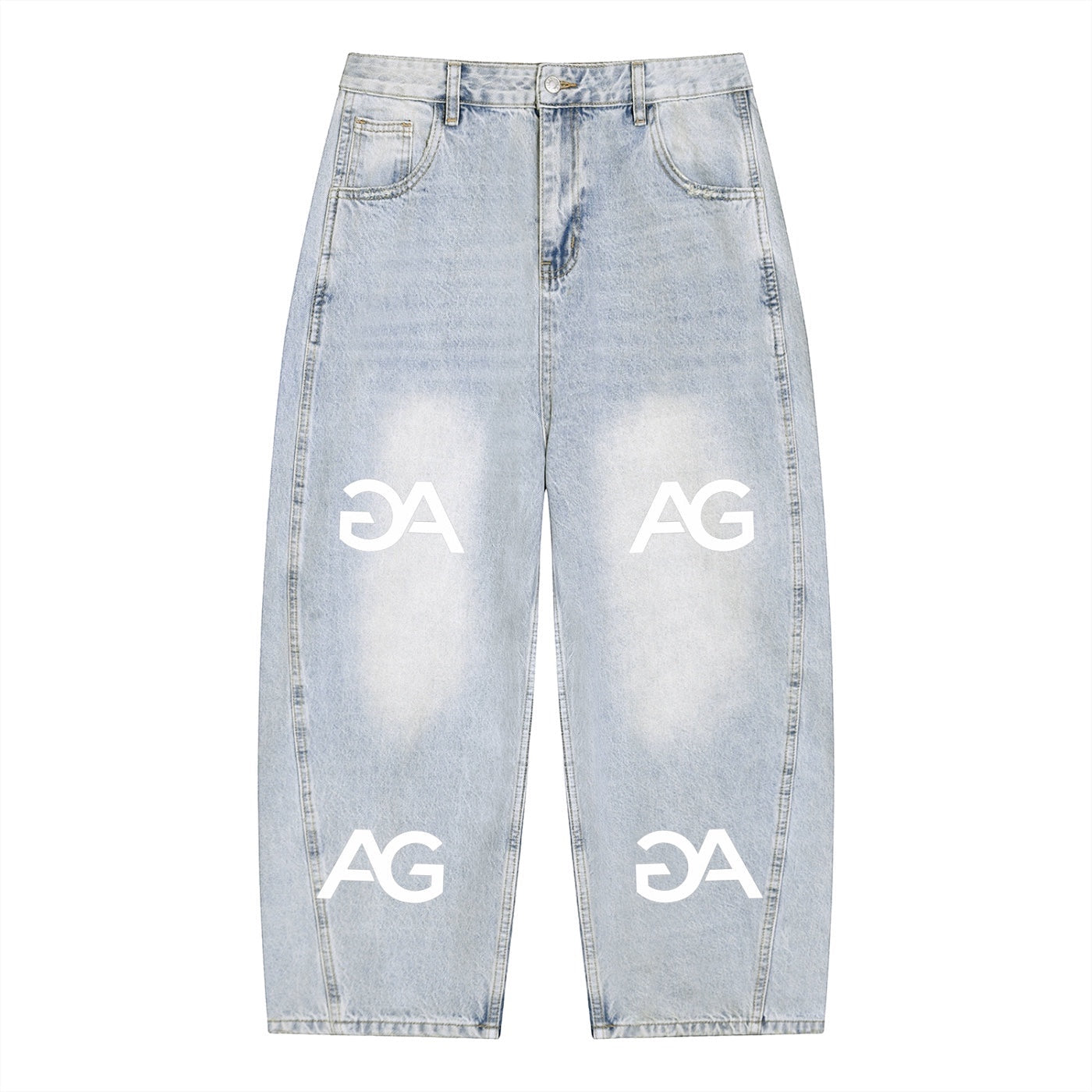 Anointed Garments light-wash relaxed fit denim jeans with a repeating white AG logo print and distressed details.