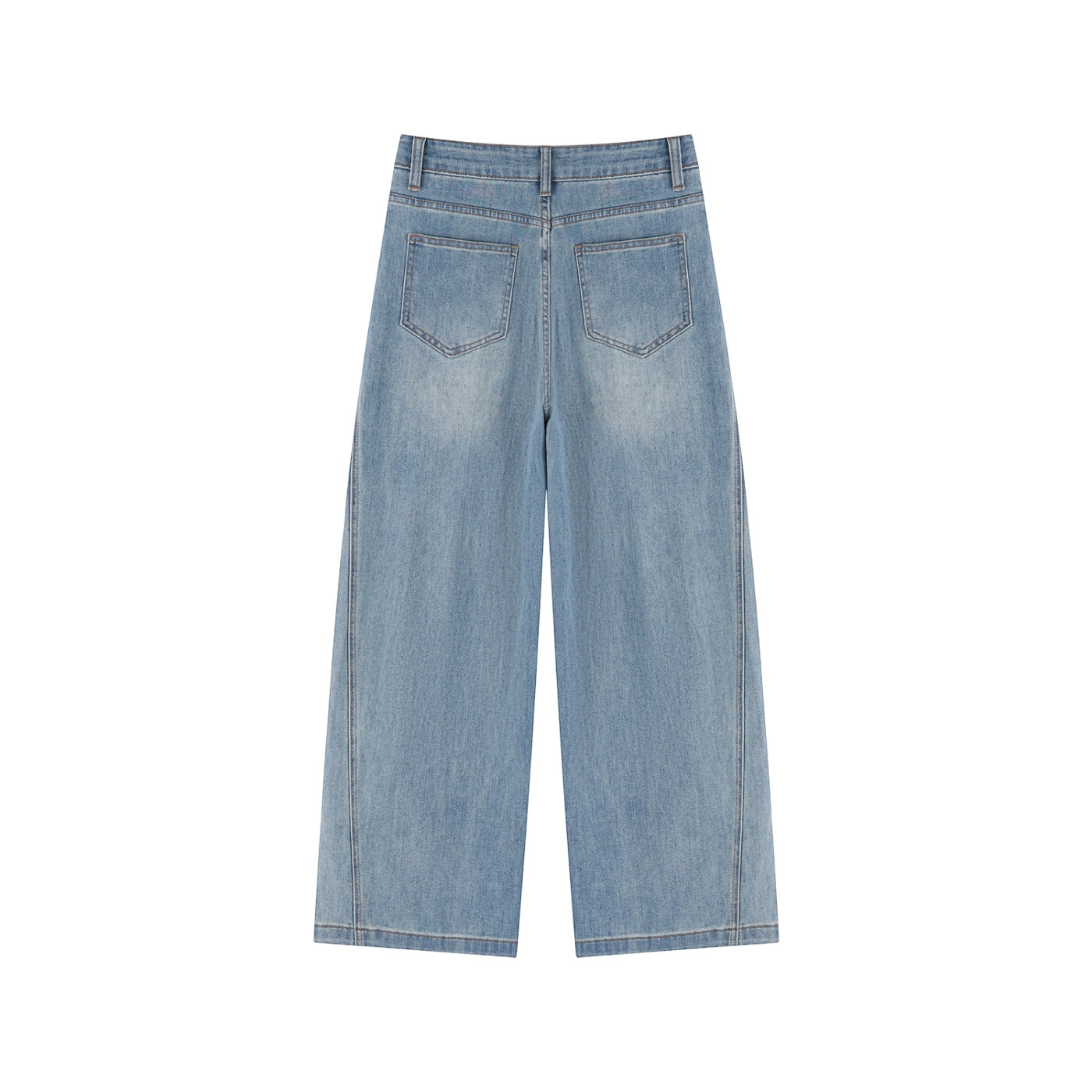 Anointed Garments high waisted wide leg denim trousers in a light wash with back pockets and reinforced stitching.