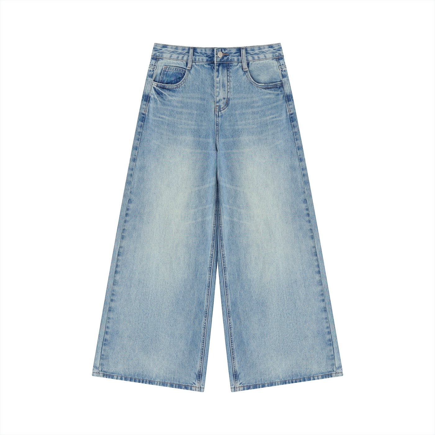 Anointed Garments high waisted wide leg denim jeans in a light wash finish with classic five-pocket styling.