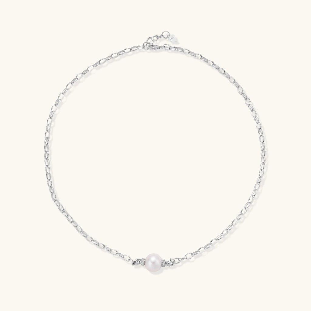 Anointed Garments Luna Pearl Chain Necklace featuring a 10mm freshwater pearl on a rhodium-plated sterling silver chain.
