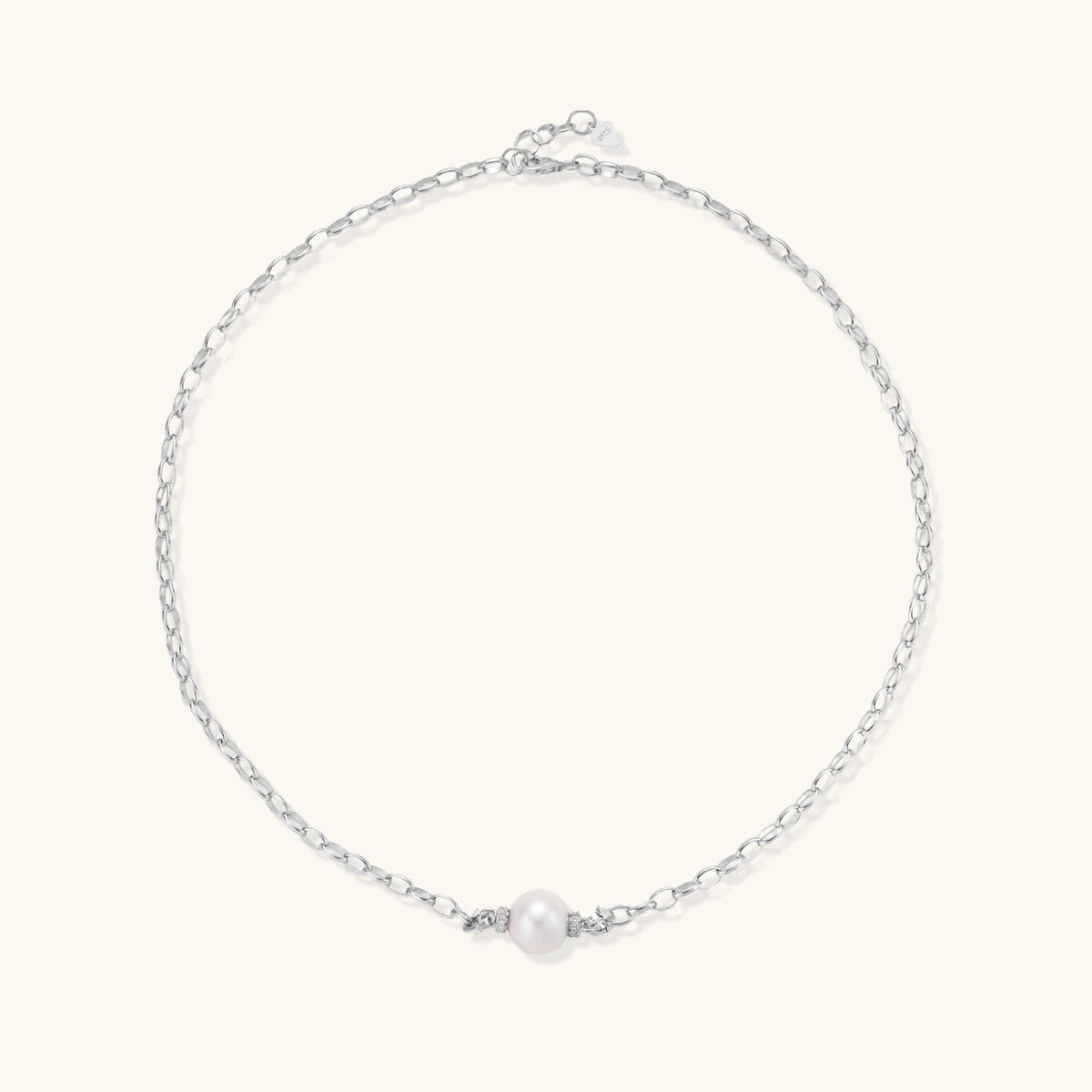 Anointed Garments Luna Pearl Chain Necklace featuring a 10mm freshwater pearl on a rhodium-plated sterling silver chain.