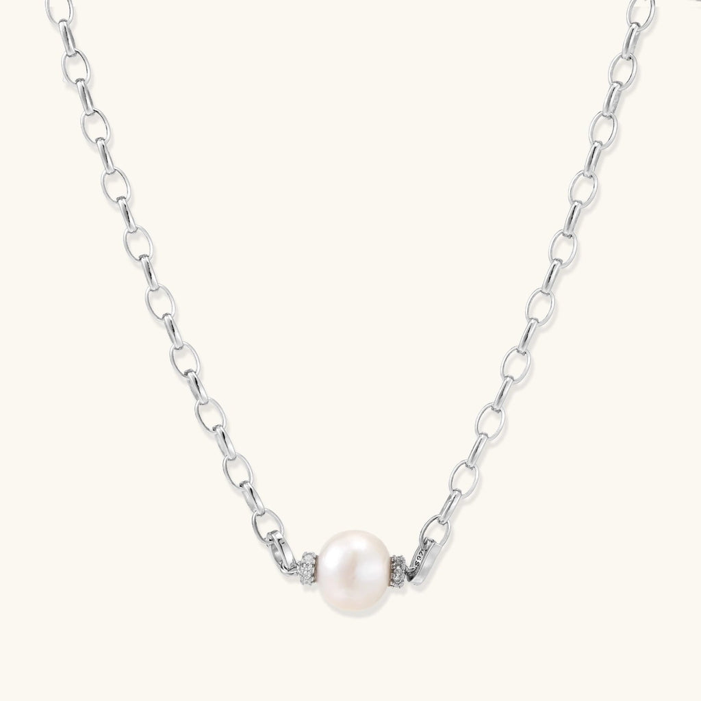 Anointed Garments Luna Pearl Chain Necklace featuring a 10mm freshwater pearl on a rhodium-plated sterling silver chain