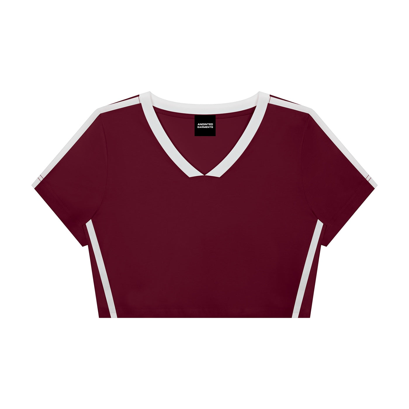 Anointed Garments maroon athletic V-neck crop top with white contrast trim on shoulders and sides