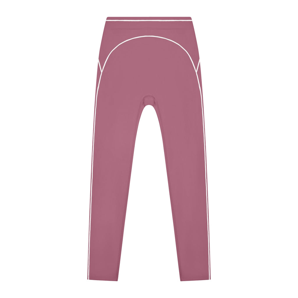 Anointed Garments women's mauve high-rise leggings with white contrast topstitching for gym and casual wear.
