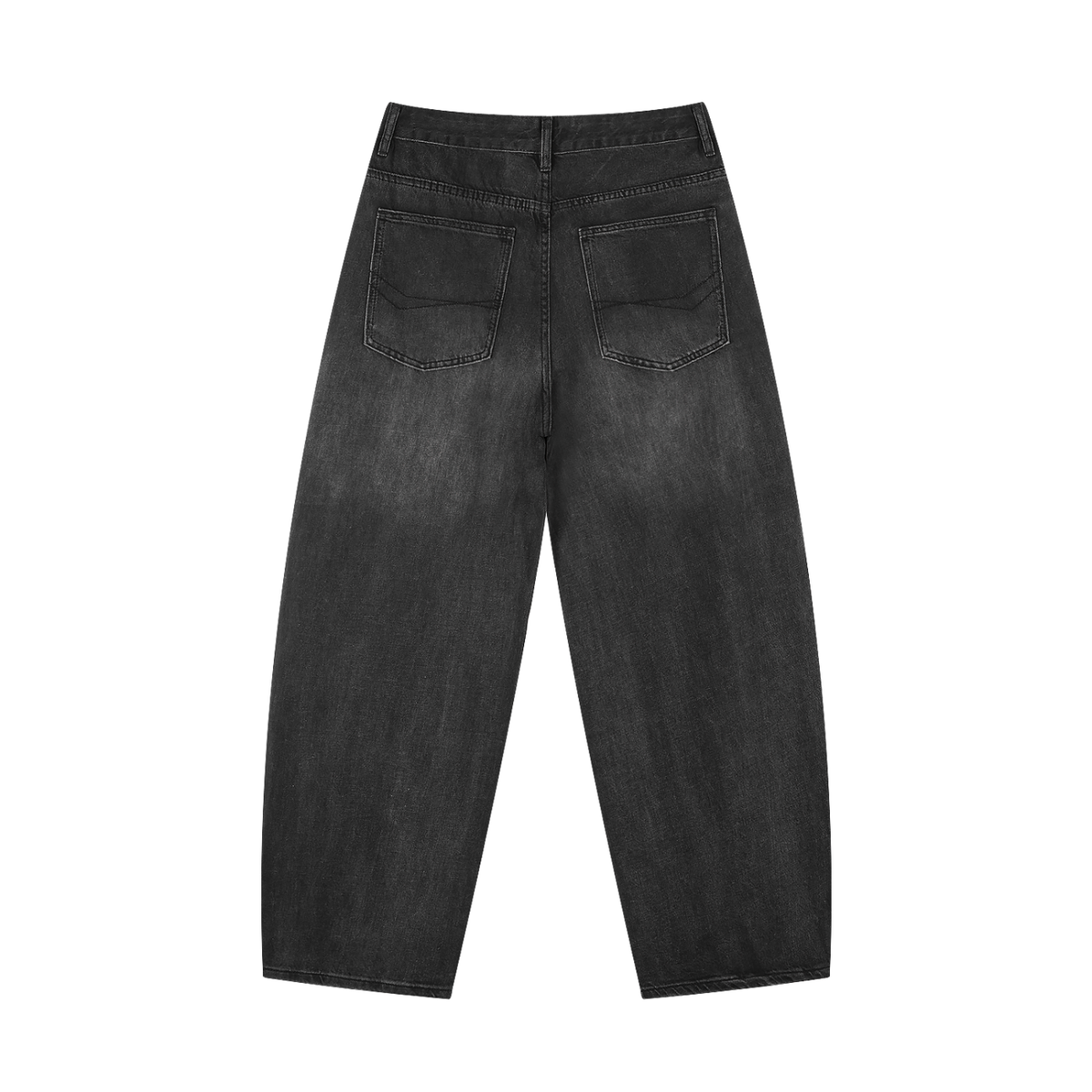 Anointed Garments men's barrel-leg jeans in a sunfade vintage black wash with a loose fit and back pocket detail.
