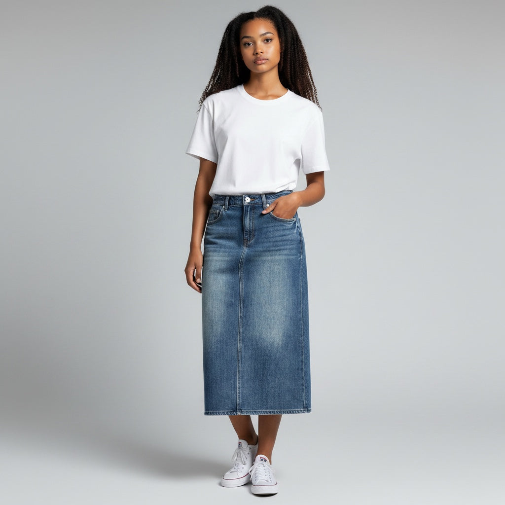 Anointed Garments mid-length denim skirt in medium wash with five-pocket styling worn by a model with a white tee