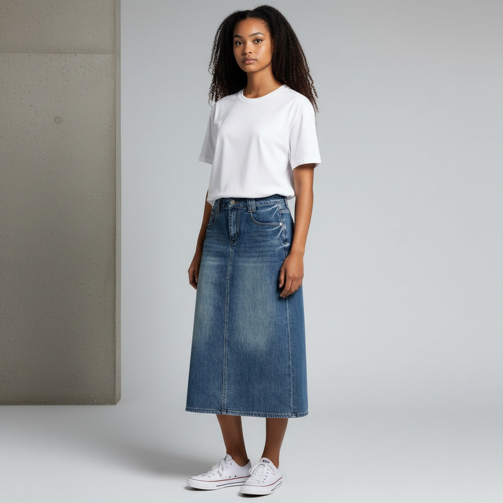 Anointed Garments mid-length denim skirt in medium wash worn by a model with a white t-shirt and sneakers