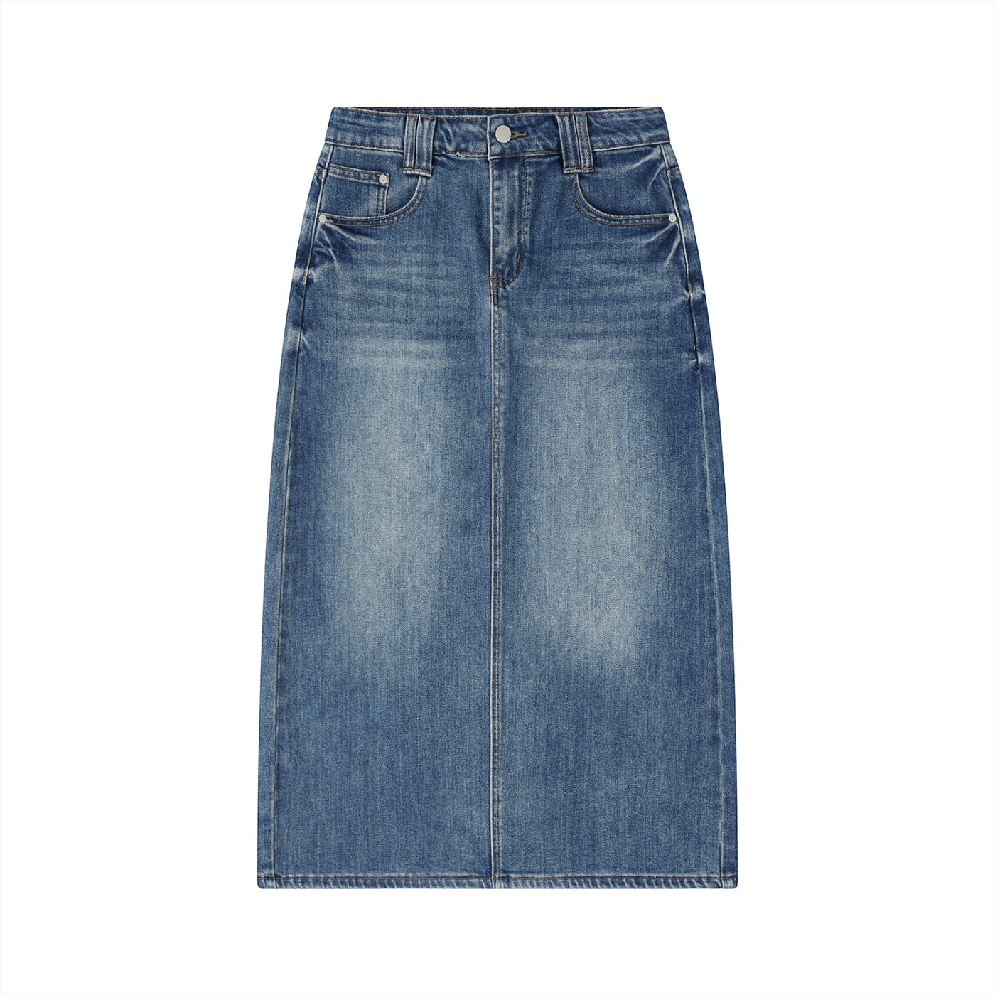 Anointed Garments mid-length denim skirt in a medium wash with classic five-pocket styling and a structured fit.