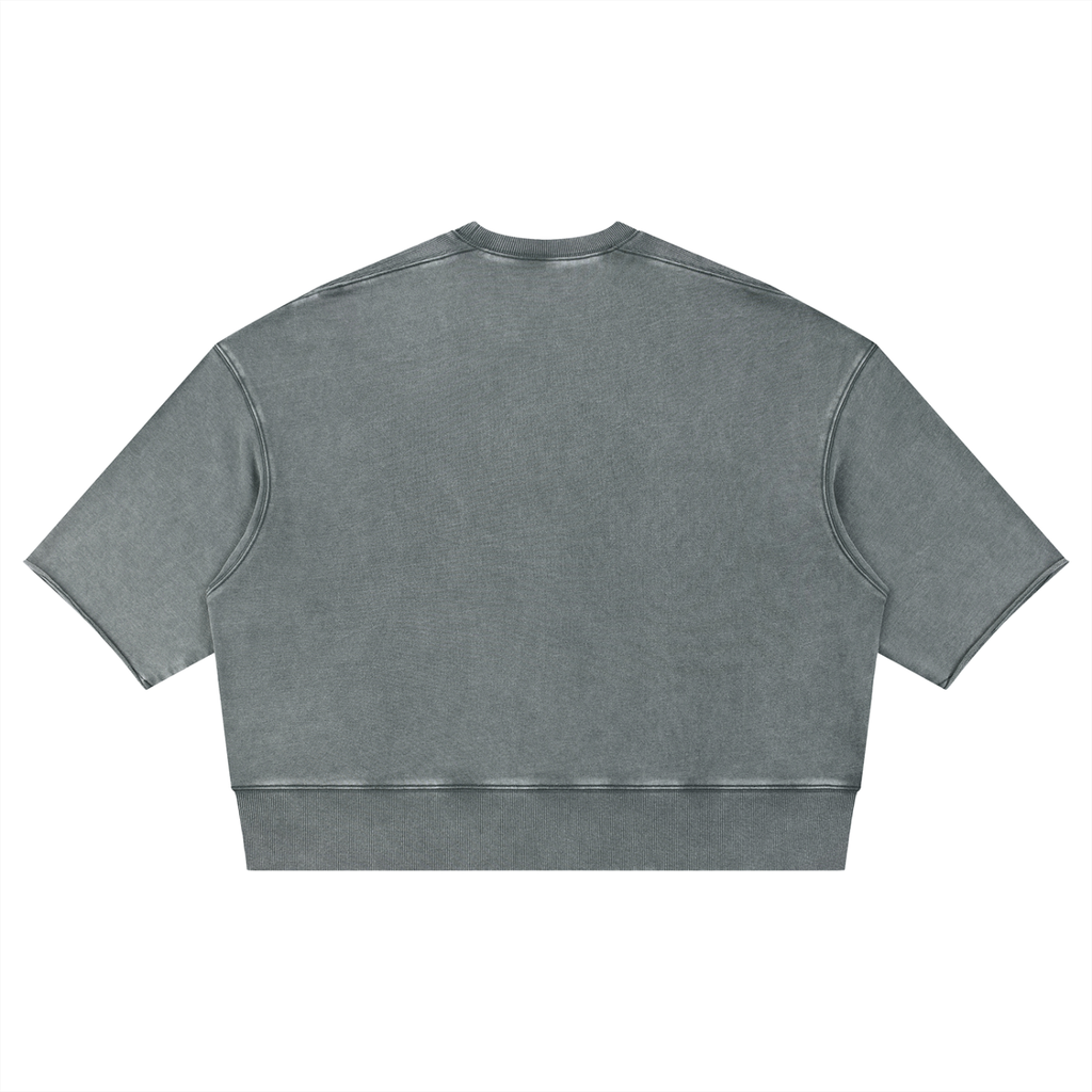 Back view of Anointed Garments unisex mineral wash grey cotton boxy short sleeve crewneck t-shirt with raw edges