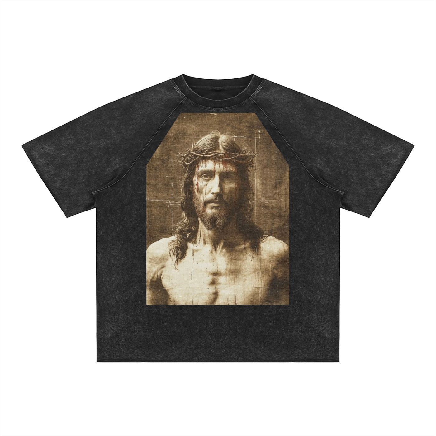 Anointed Garments unisex mineral wash black cotton t-shirt with a vintage Jesus portrait graphic and raglan sleeves.