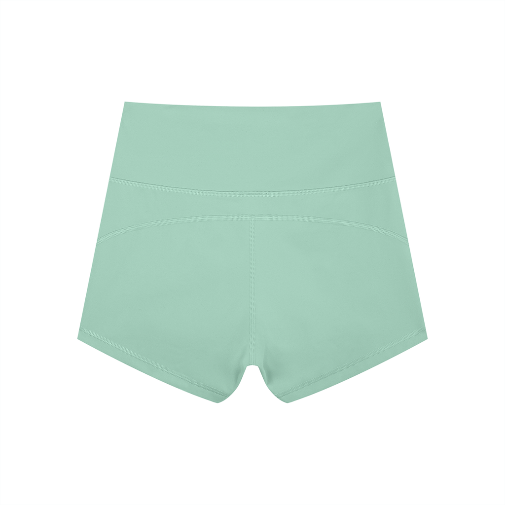 Anointed Garments high-waisted mint green athletic yoga shorts in moisture-wicking nylon spandex fabric