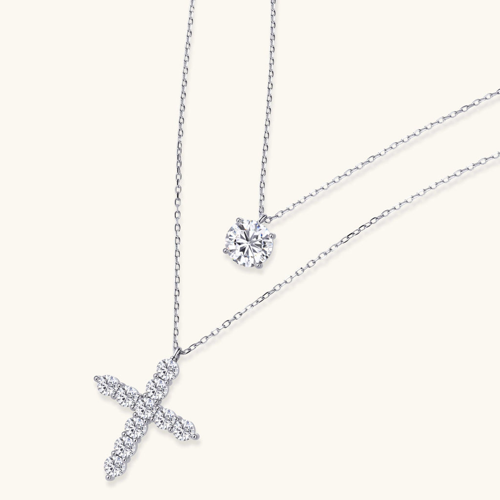 Anointed Garments Faith & Light layered necklace set in platinum-plated sterling silver with moissanite cross and solitaire