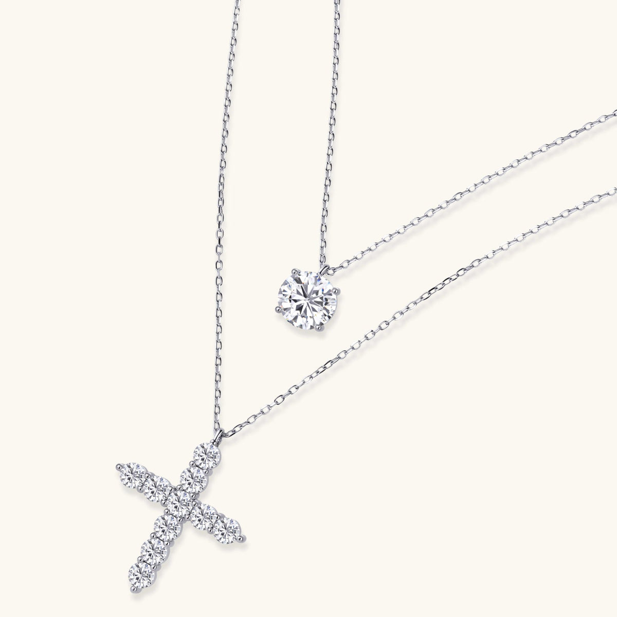 Anointed Garments Faith & Light layered necklace set in platinum-plated sterling silver with moissanite cross and solitaire