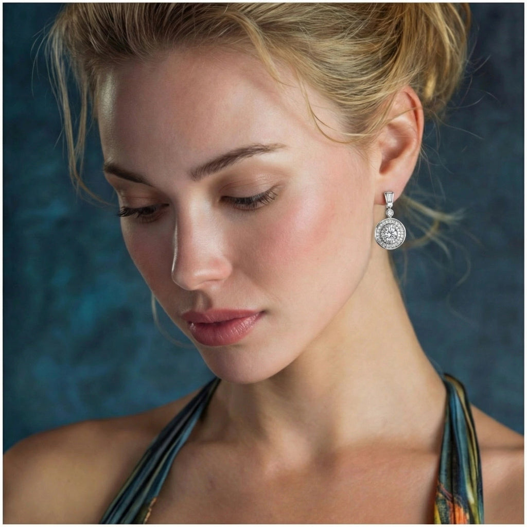 Anointed Garments Celestial Moissanite drop earrings in platinum-plated sterling silver worn by a woman.
