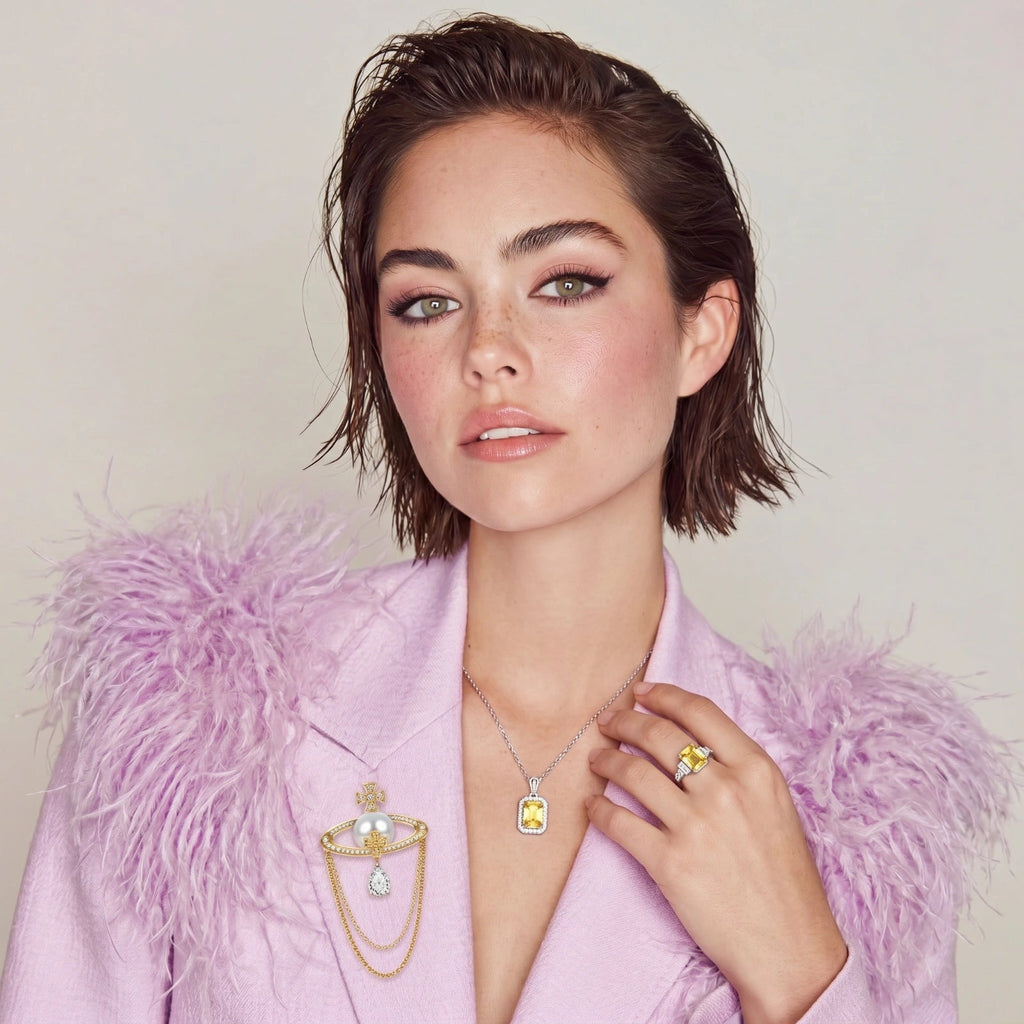 Anointed Garments Golden Radiance Moissanite set featuring a 1-carat pendant necklace and adjustable ring on a model.