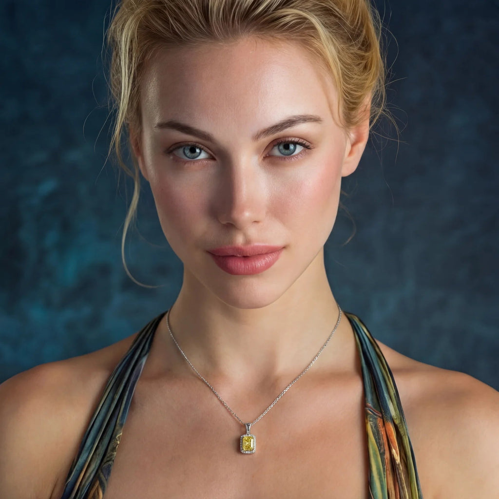 Anointed Garments Golden Radiance moissanite pendant necklace on a model with platinum-plated 925 sterling silver chain.