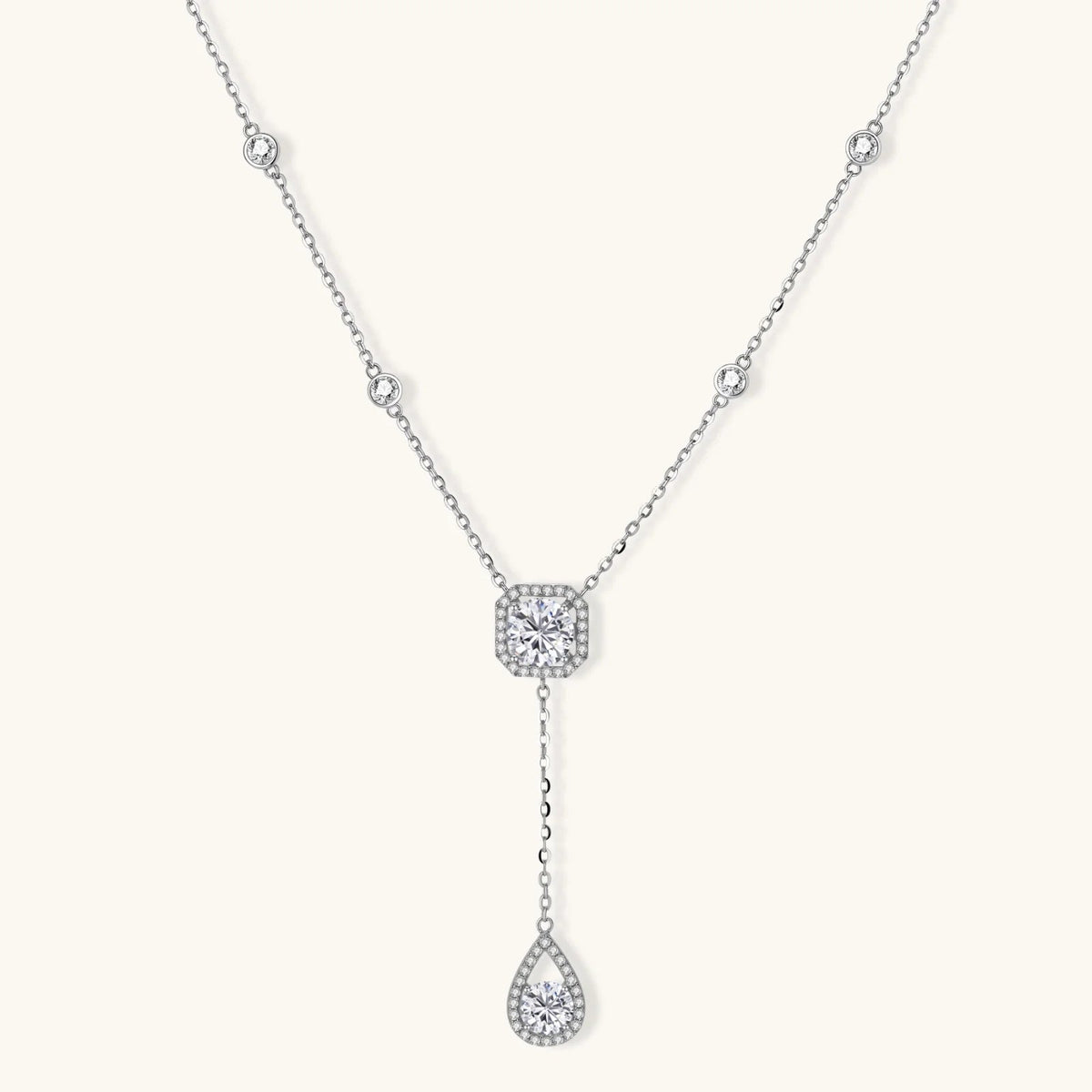 Anointed Garments Celestial Balance necklace in platinum-plated 925 sterling silver with VVS1 moissanite stones.