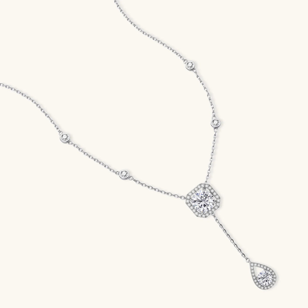 Anointed Garments Celestial Balance Necklace in platinum-plated 925 sterling silver with VVS1 moissanite stones.