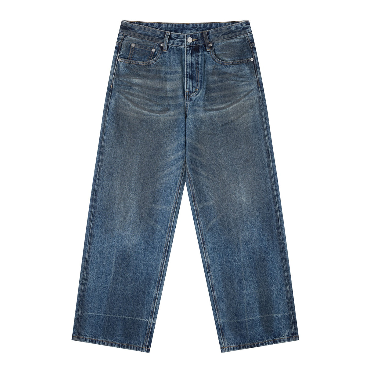 Anointed Garments mud wash wide leg jeans in heavyweight cotton-blend denim with a relaxed fit and five-pocket design.
