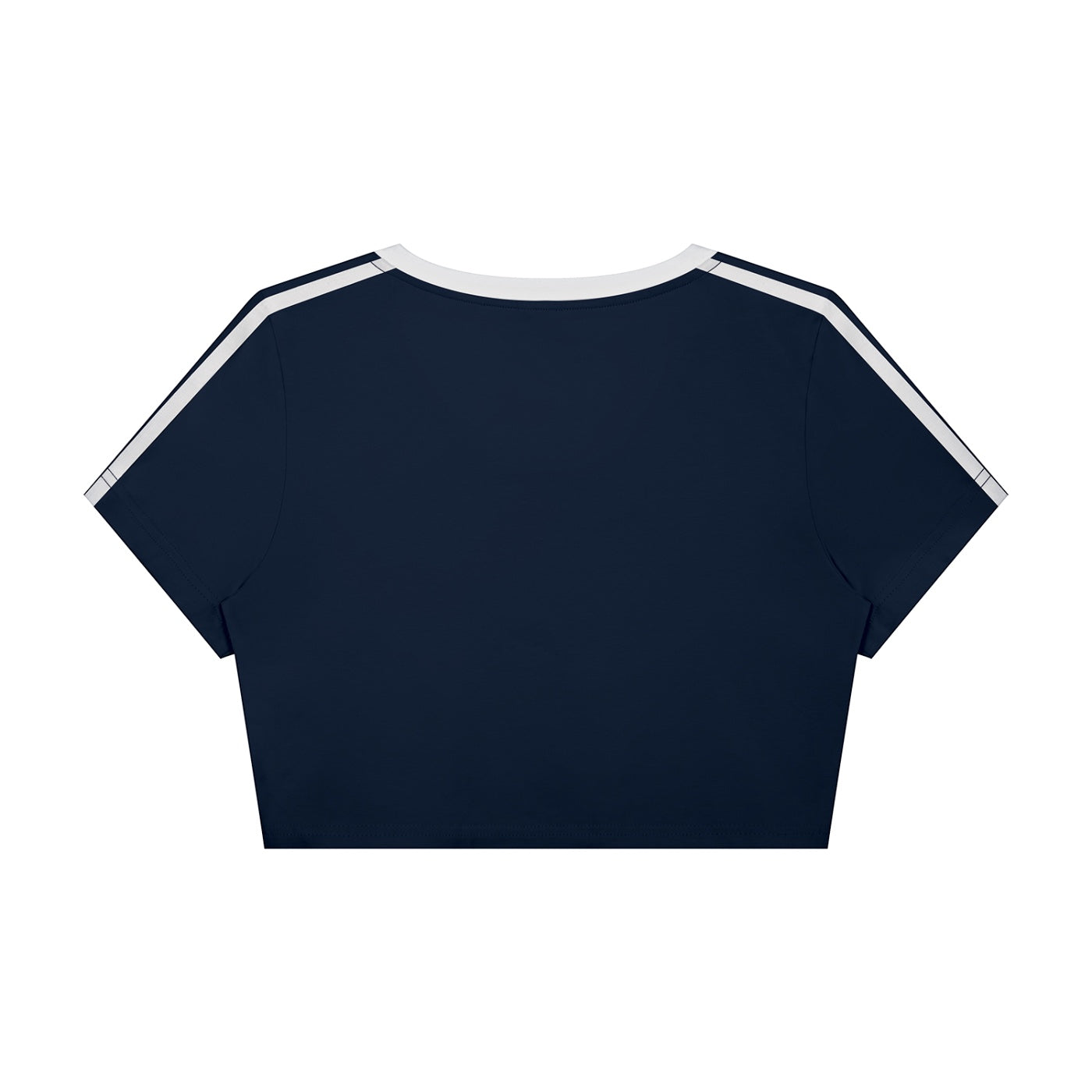 Anointed Garments navy blue athletic crop top with white shoulder stripes and a V-neck, made from cotton blend fabric.
