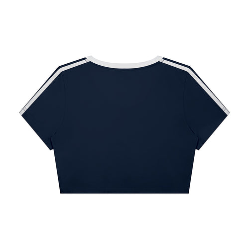 Anointed Garments navy blue athletic crop top with white shoulder stripes and a V-neck, made from cotton blend fabric.
