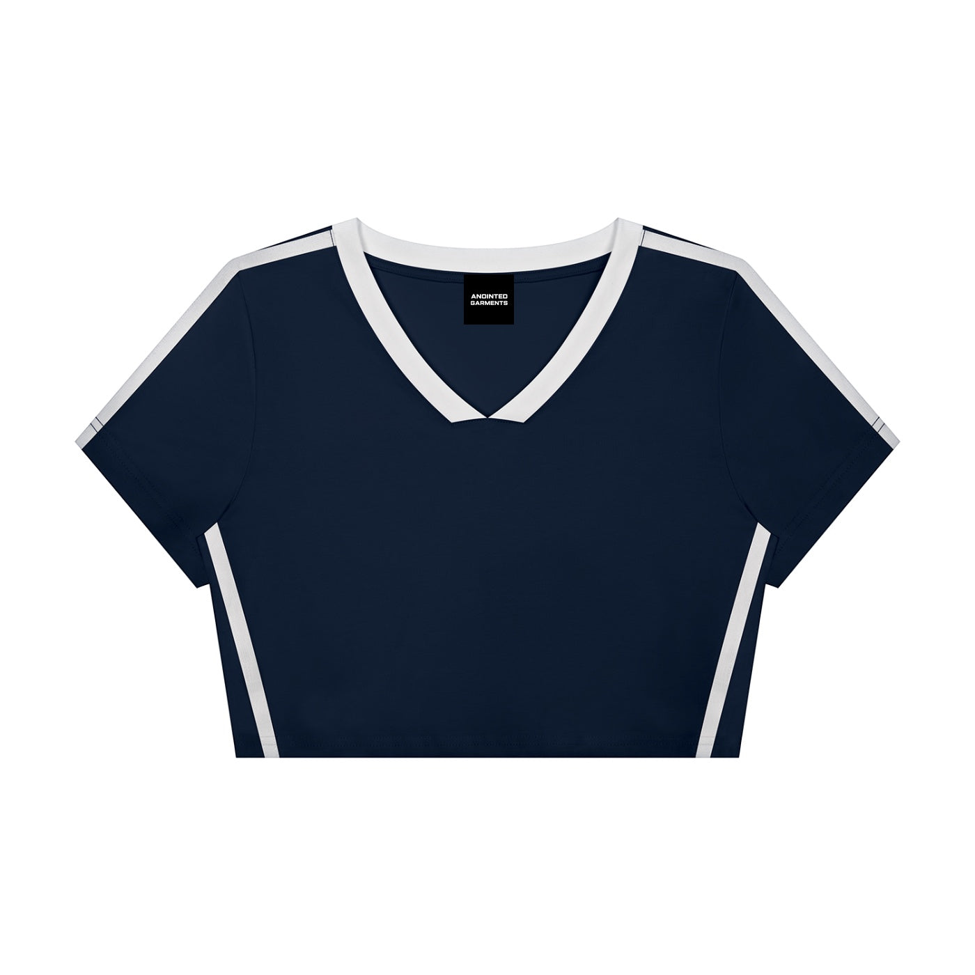 Anointed Garments navy blue athletic V-neck crop top with white contrast trim on shoulders and sides.