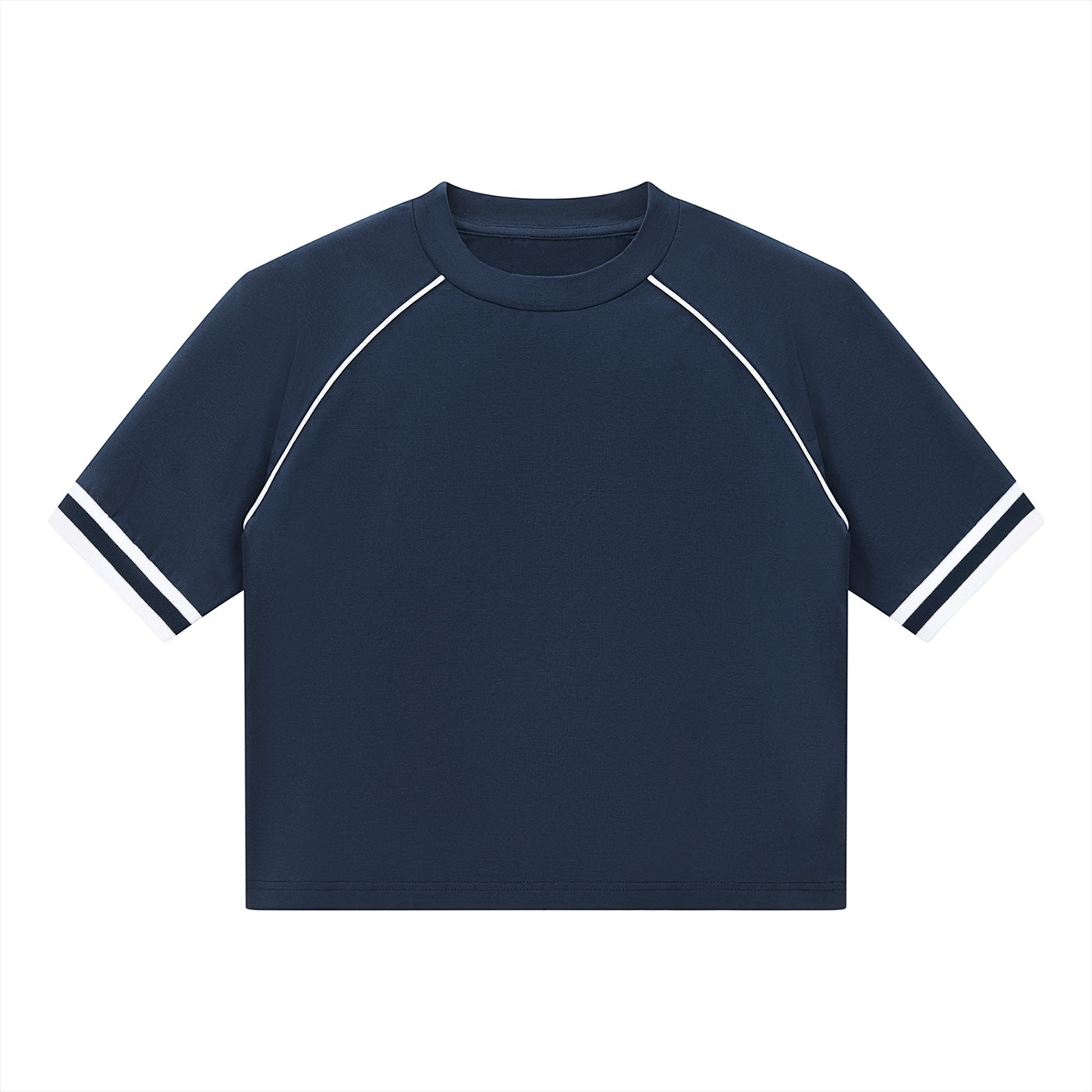 Anointed Garments navy blue athletic cropped tee with white raglan piping and striped sleeve cuffs.