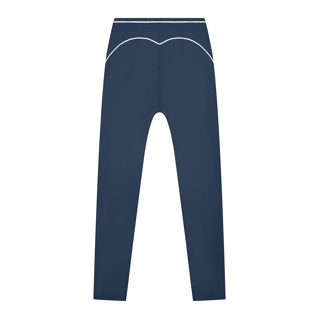 Anointed Garments navy blue high-waisted athletic leggings with white contrast piping and moisture-wicking fabric.