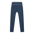 Anointed Garments navy blue high-waisted athletic leggings with white contrast piping and moisture-wicking fabric.