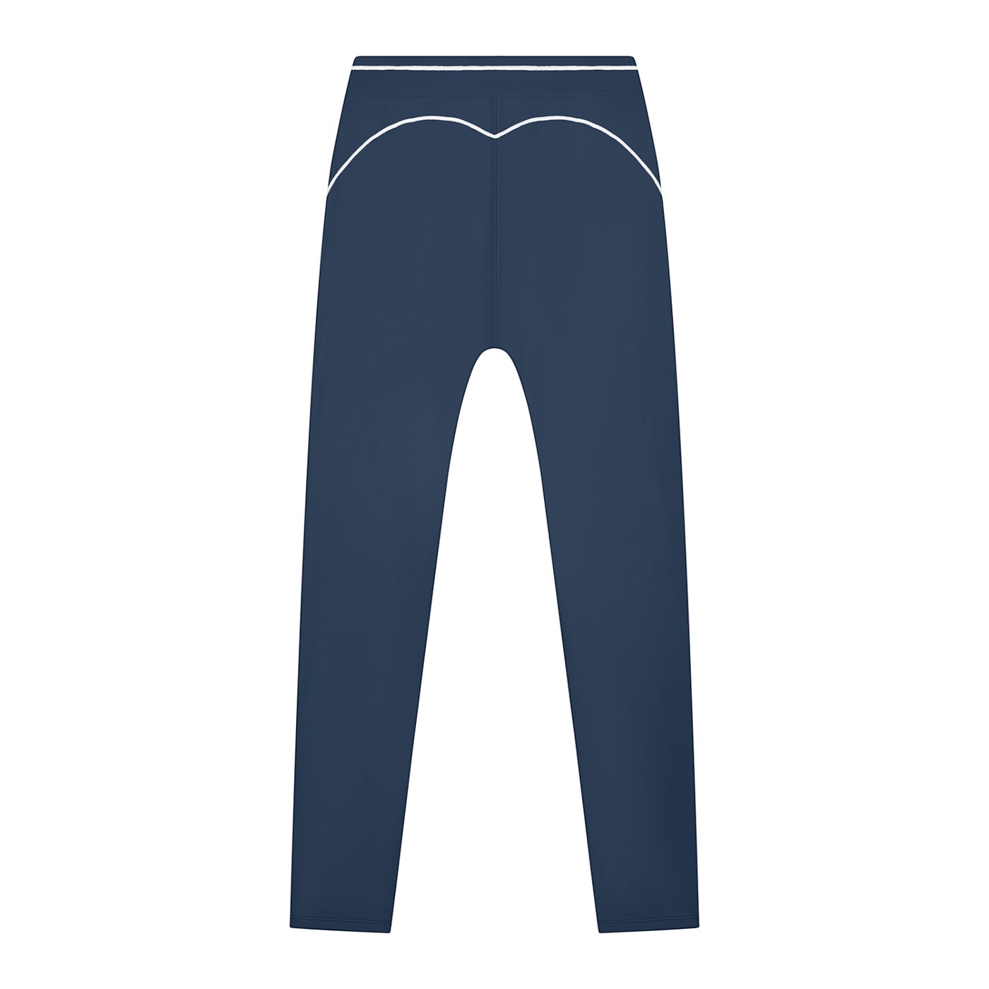 Anointed Garments navy blue high-waisted athletic leggings with white contrast piping and moisture-wicking fabric.