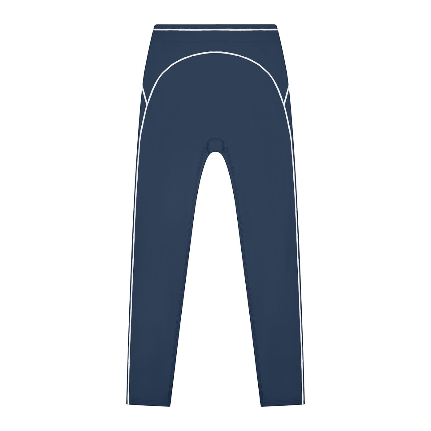 Anointed Garments navy blue high-waisted athletic leggings with white contrast piping for gym and yoga workouts.