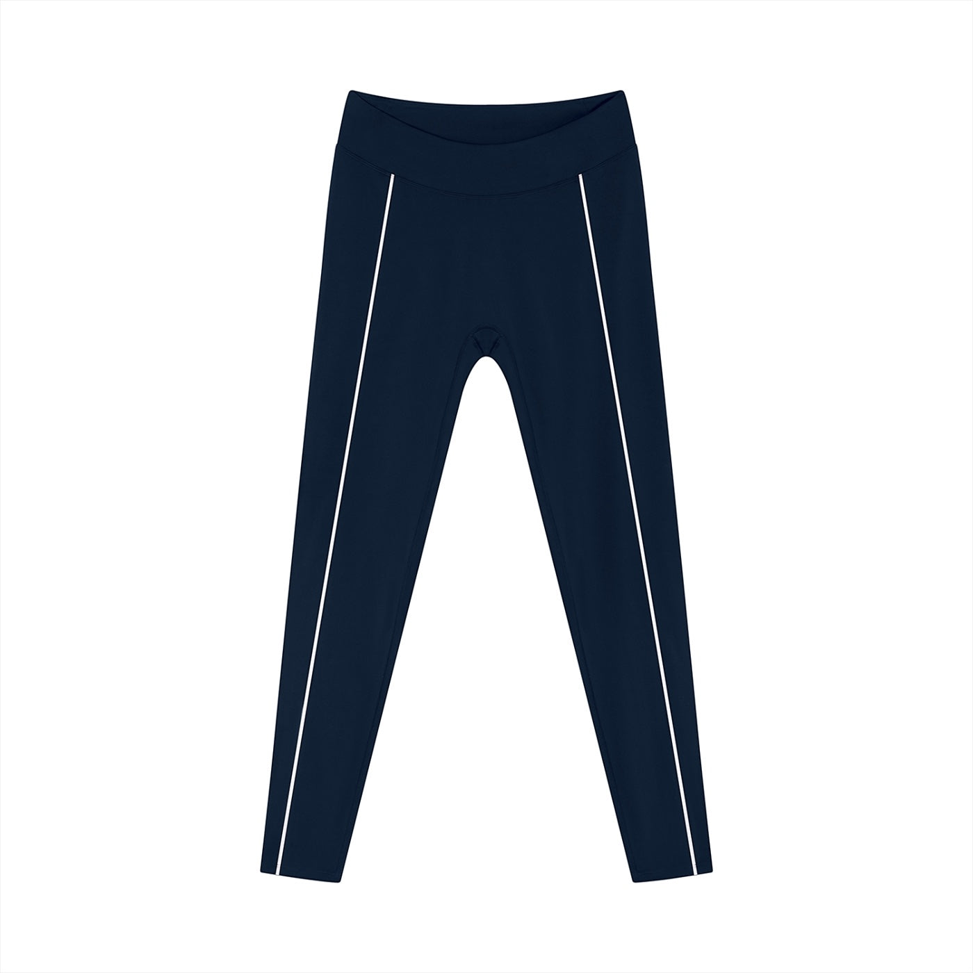 Anointed Garments athletic performance leggings in navy blue with white side stripe detailing and a high-rise waistband.