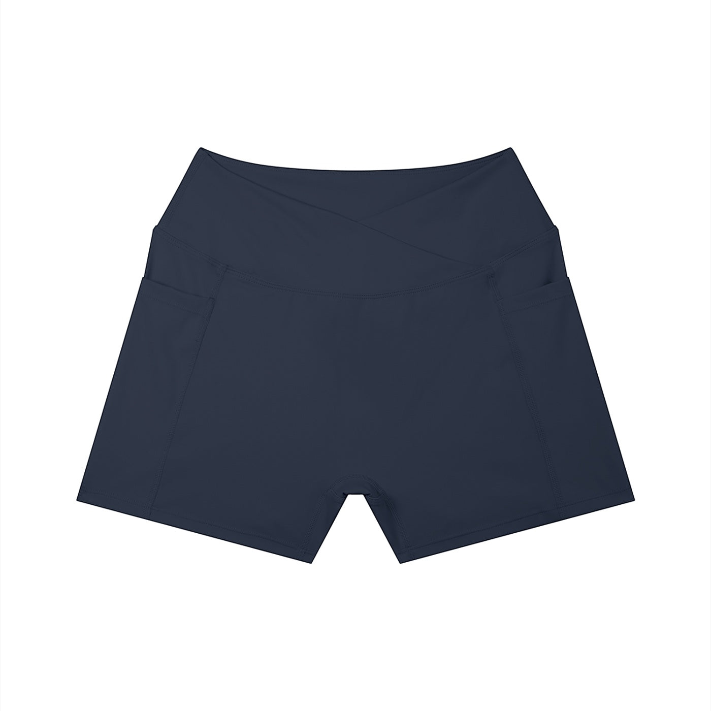 Anointed Garments high-waisted athletic shorts in navy blue with a crossover waistband and side pockets.