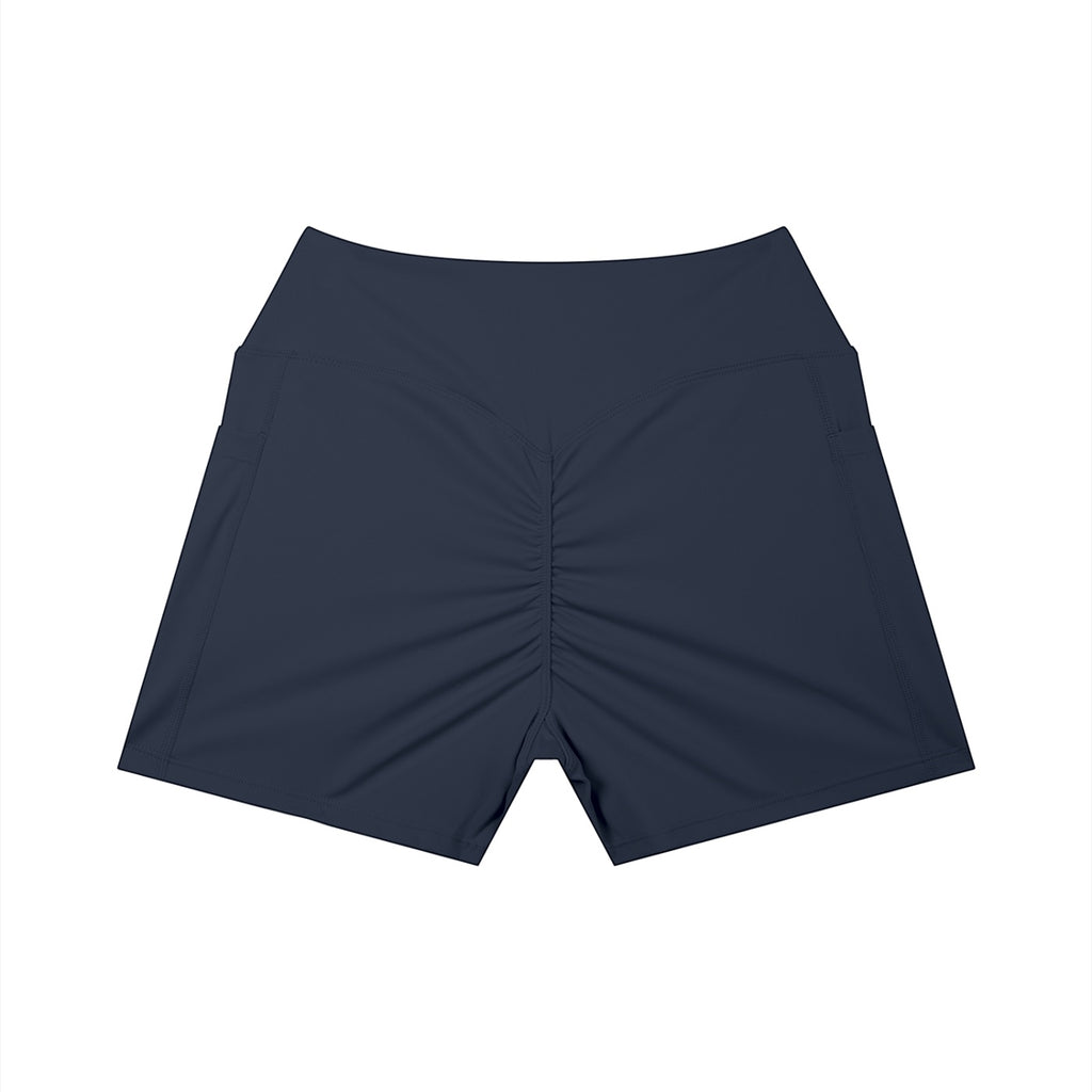 Anointed Garments high-waisted athletic shorts in dark navy with a ruched back and side pockets for performance.