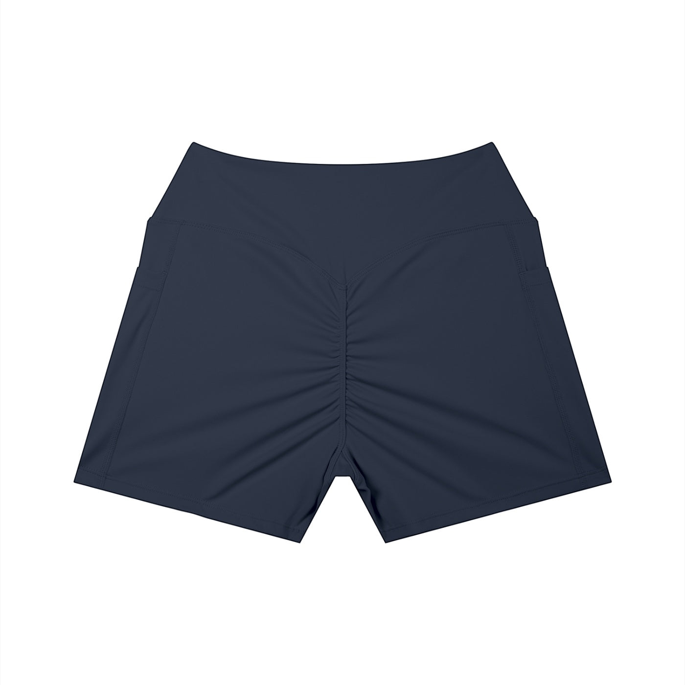 Anointed Garments high-waisted athletic shorts in dark navy with a ruched back and side pockets for performance.