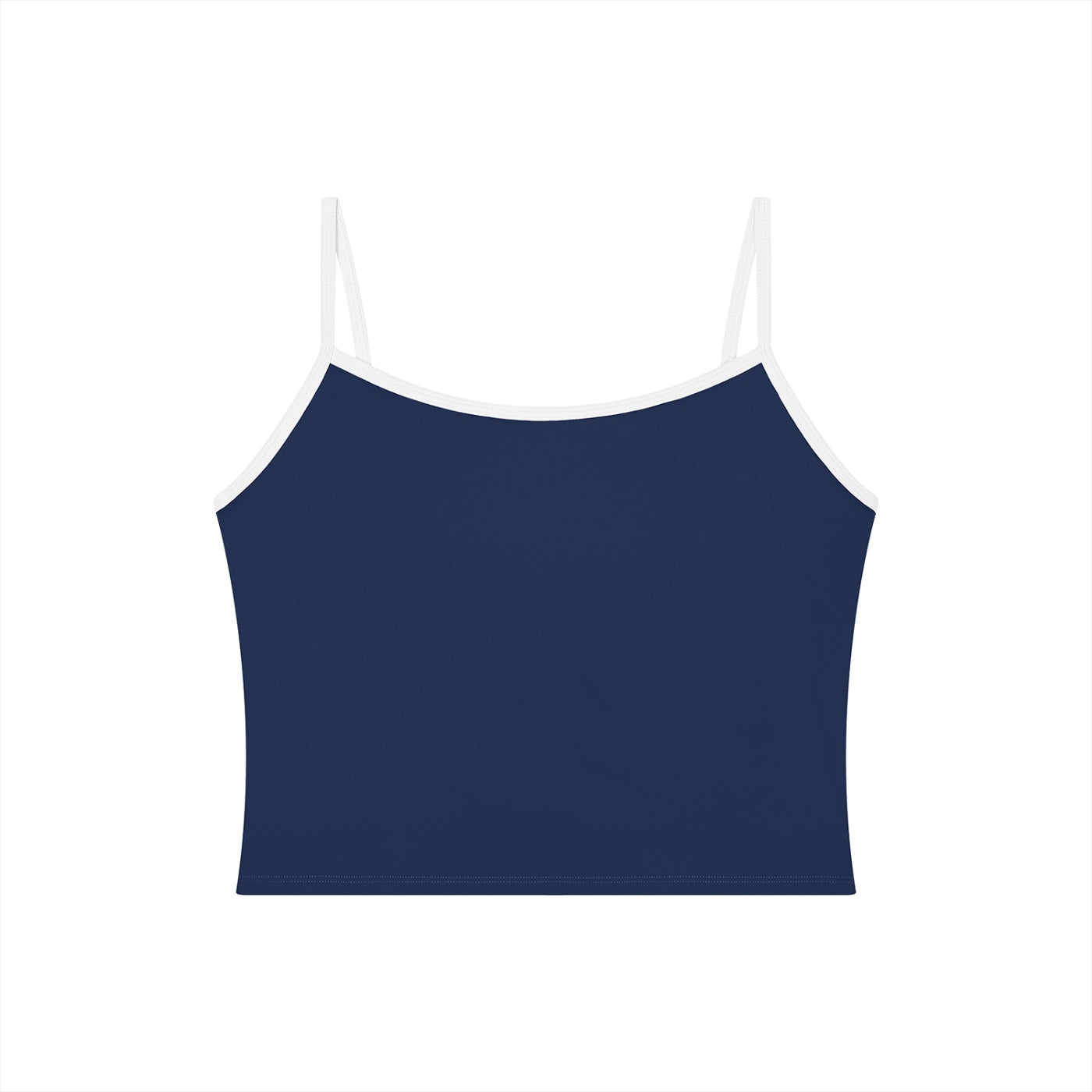 Anointed Garments navy blue spaghetti strap crop top with white trim, made from soft nylon and spandex blend.