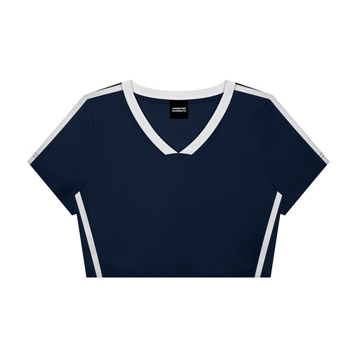 Anointed Garments navy blue slim fit V-neck crop top with white trim details in a sporty cotton blend fabric.