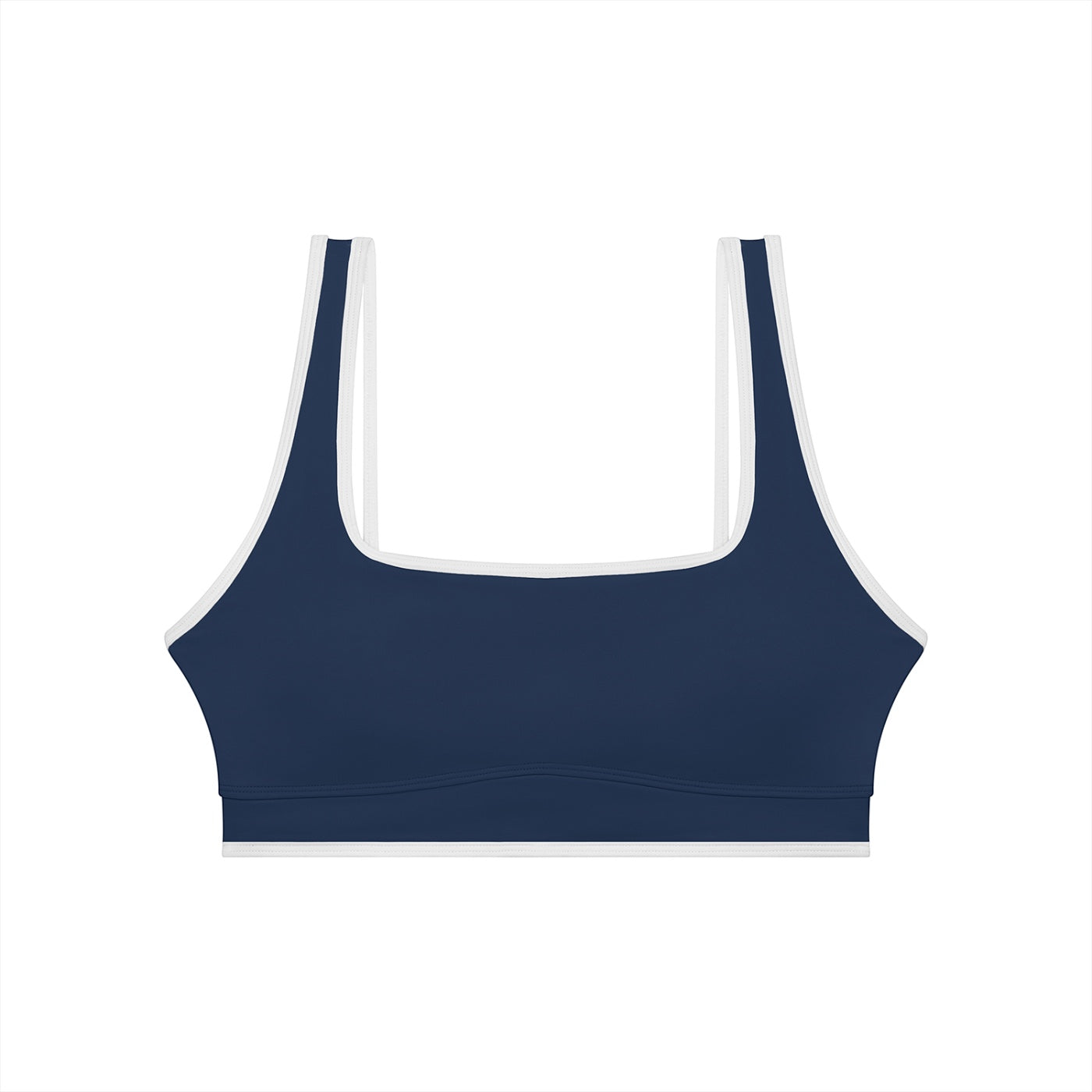 Anointed Garments navy blue and white color block yoga crop tank top with a square neckline and sporty fit.