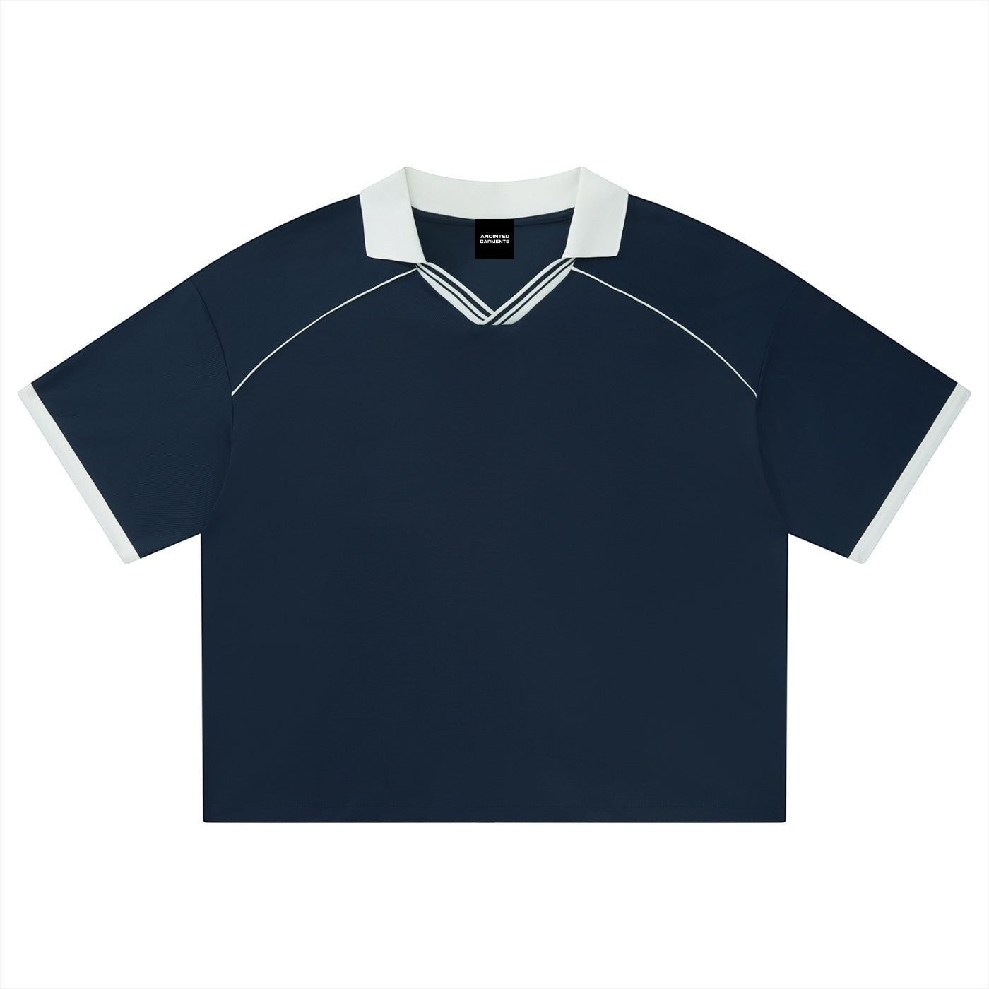 Anointed Garments navy blue short sleeve collared shirt with white contrast trim and a sporty V-neck design.