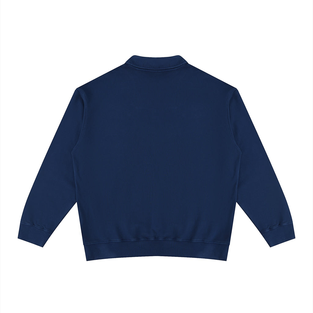 Back view of an Anointed Garments navy blue cotton collared long sleeve pullover sweatshirt with ribbed hem and cuffs.